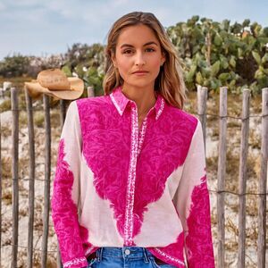 Lilly Pulitzer Kiran Button Down Top Womens Sz L Western Glam Pink White NEW